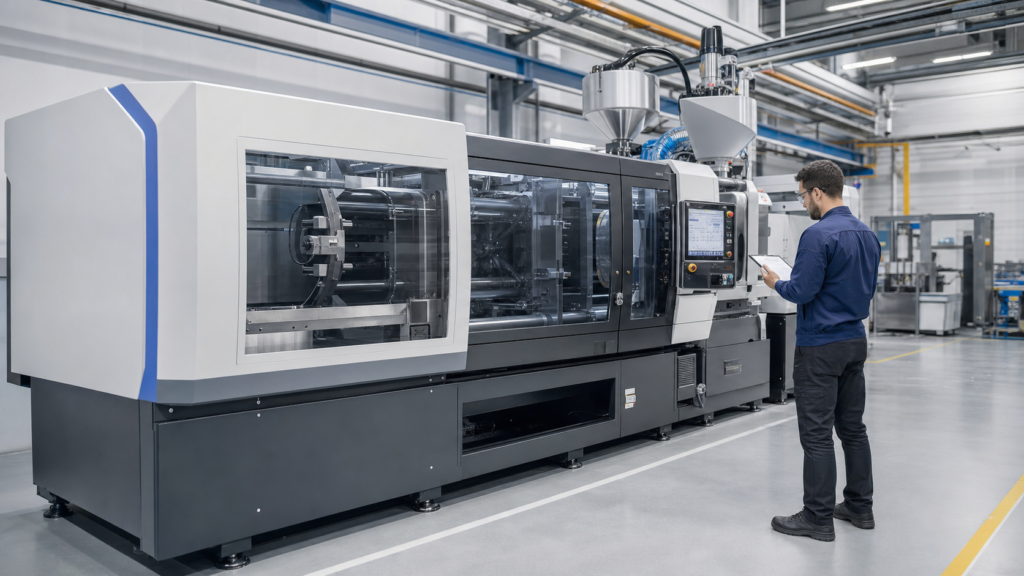 Engineer evaluating an injection molding machine in a modern factory