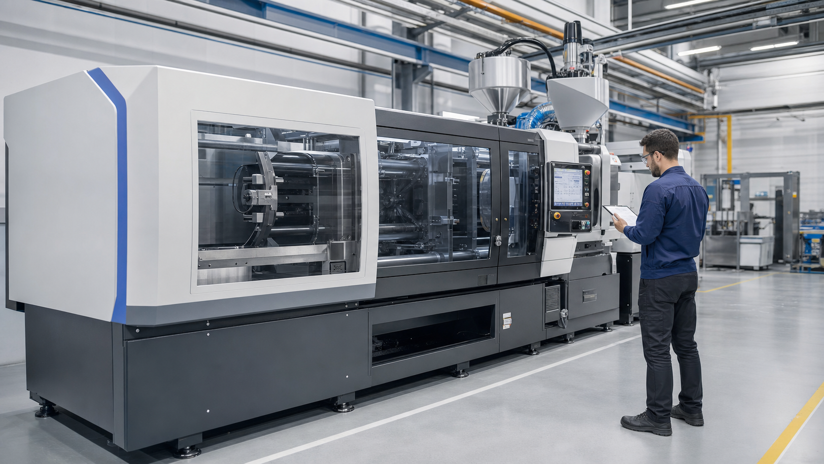 Engineer evaluating an injection molding machine in a modern factory