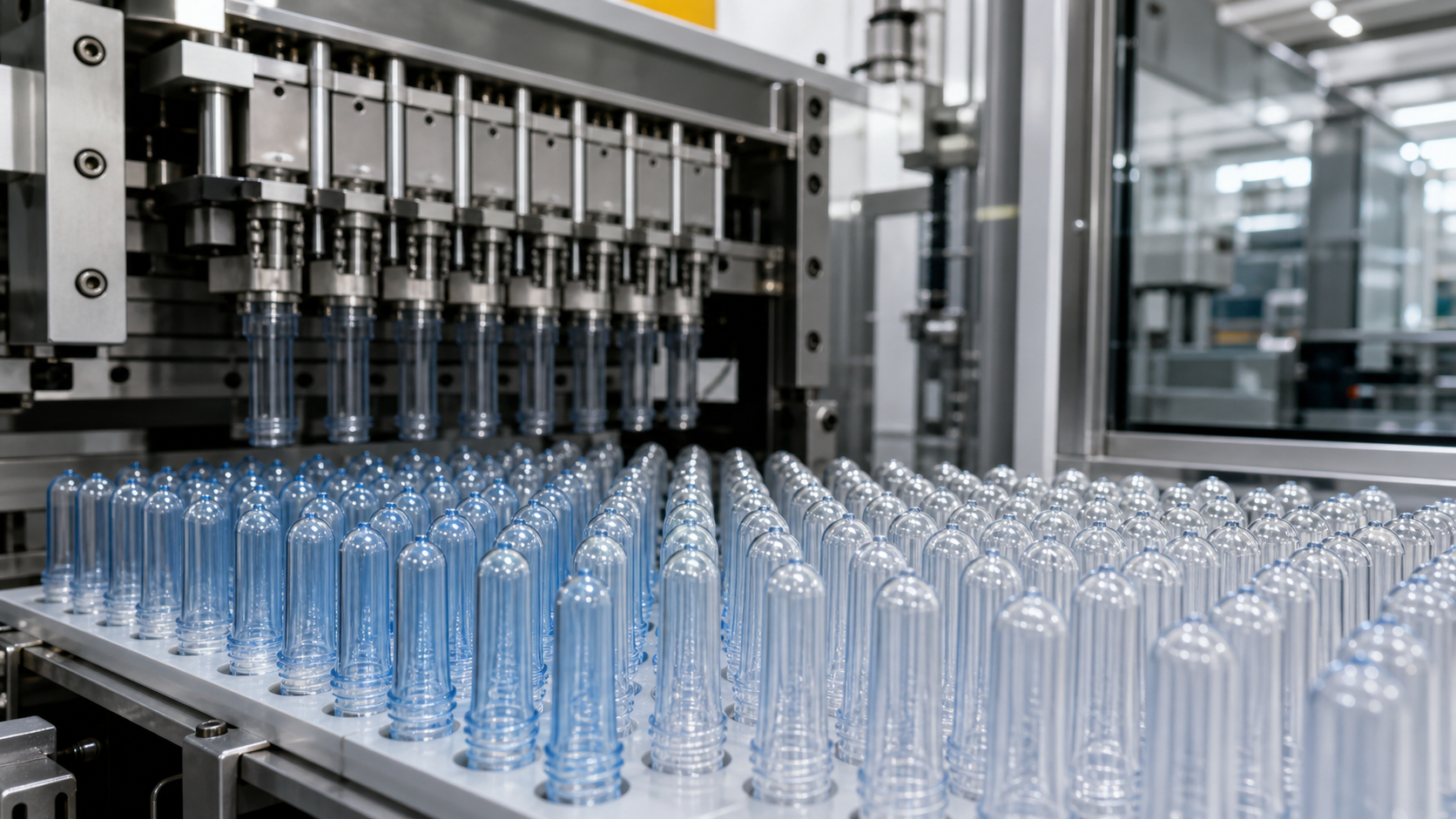 Clear PET preforms produced on a multi-cavity injection molding line